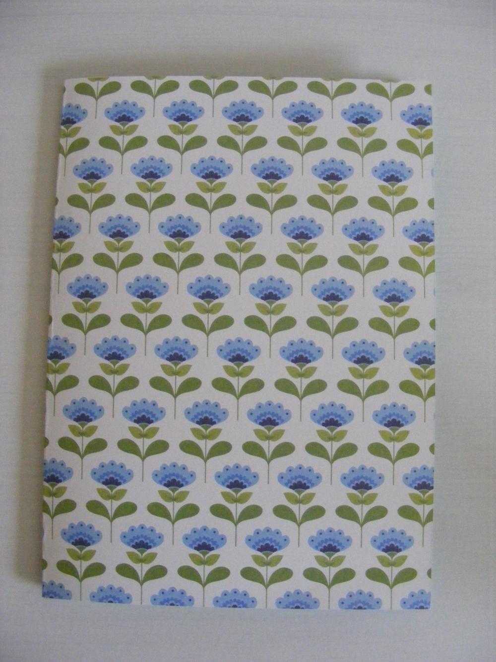 A5 Handmade Notebook Blue and Green Tida Flowers Cover with plain Blue and Yellow Pages