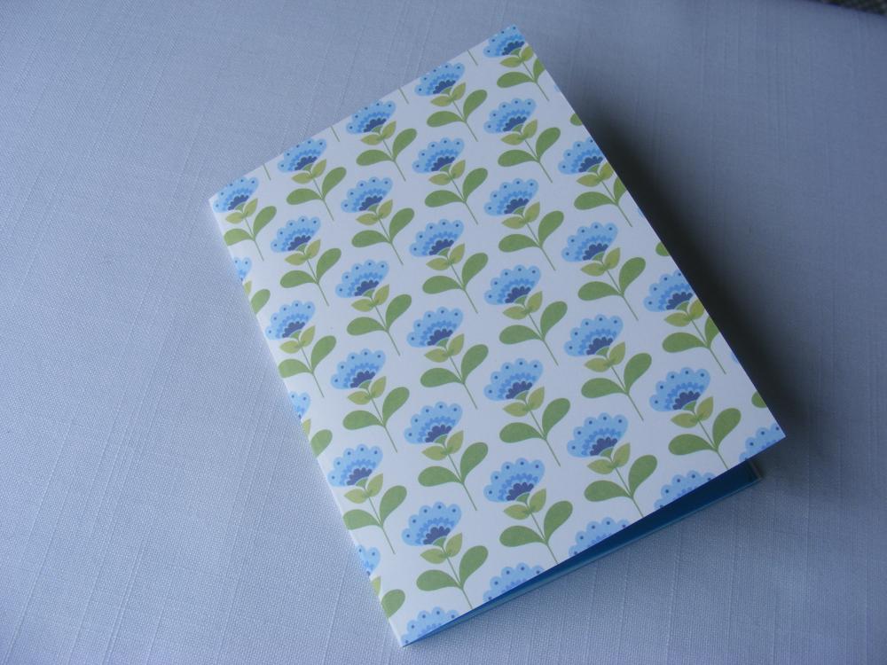 A6 Handmade and Handstitched Notebook with Blue and Green Flowers and Plain Blue Pages