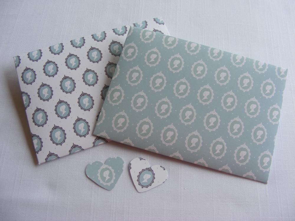 Handmade Envelopes in Turquoise with Regency Brighton Style Cameos and Heart Shaped Fastening
